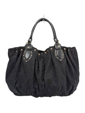 GUCCI Pelham Large Tote Bag Black Canvas Leather GC Monogram Pleated Studded